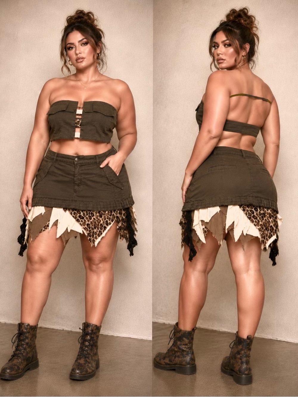 Reworked Grunge Utility Safari Festival Set Olive Green Asymmetric Skirt and Top